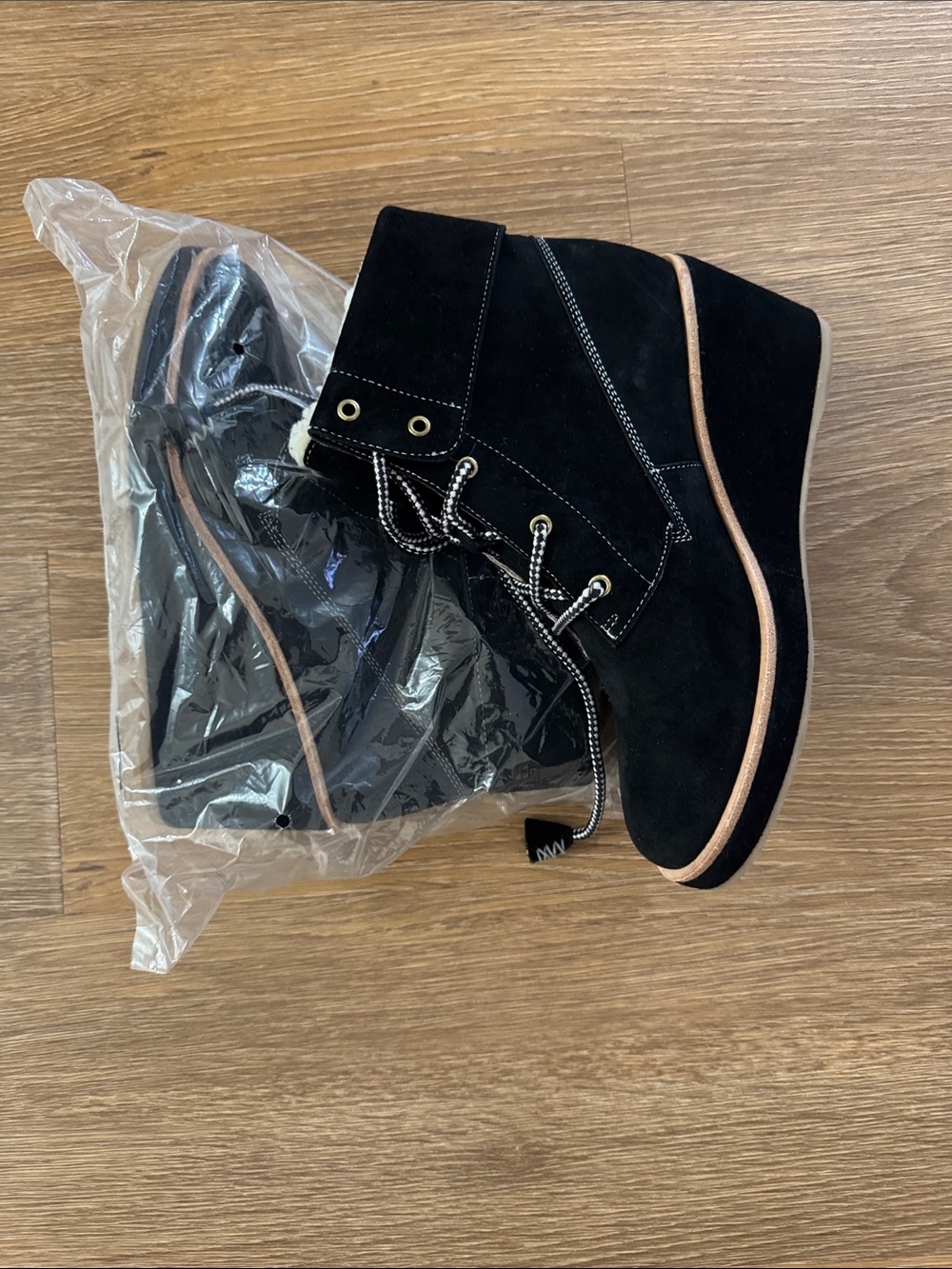 kate spade Black Suede Lace-Up Wedge Ankle Boots with Tan Trim